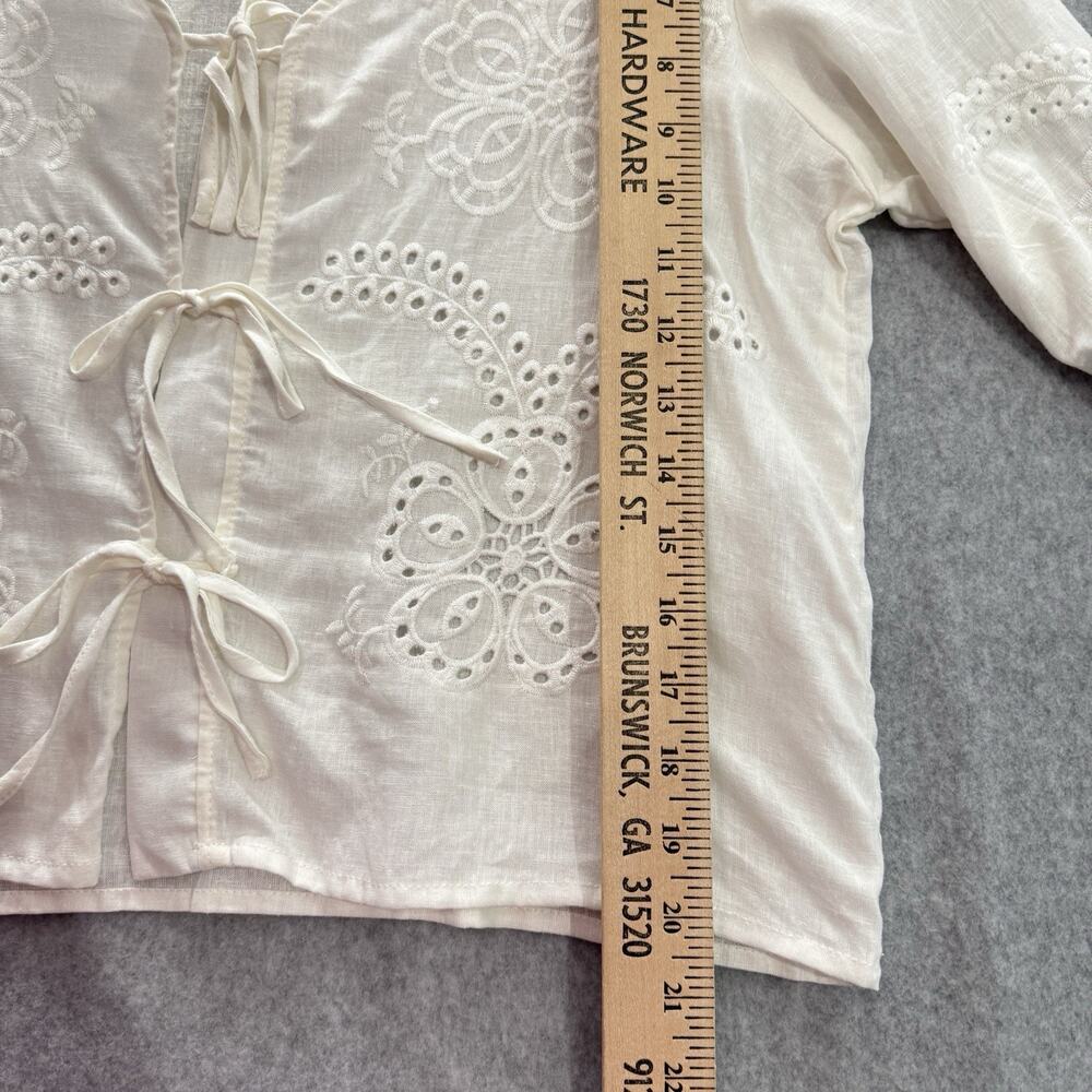 Christian Siriano Linen Blend Tie Front Top Sz S Cream Coquette Embroidered Boho - Picture 8 of 10